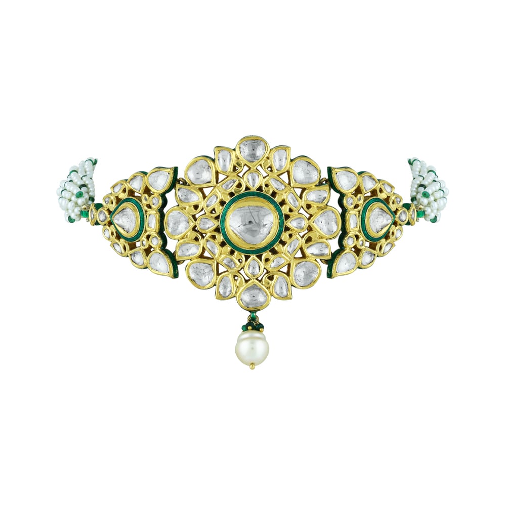 Floral Polki Choker with Green Enamel & Pearl Strands